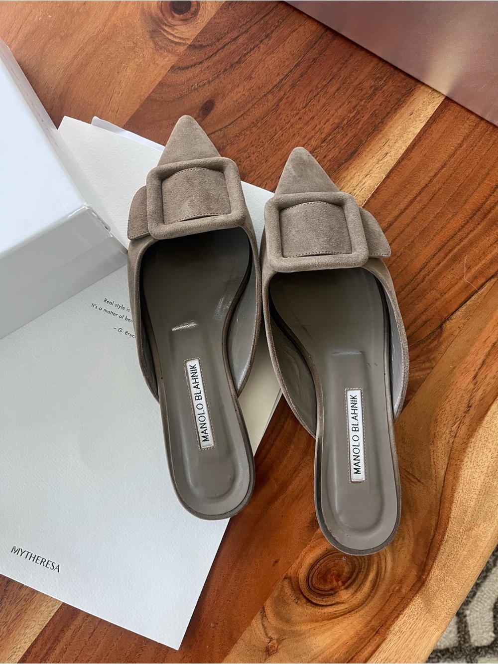 Manolo Blahnik Taupe Suede Bow Slip-On Mules